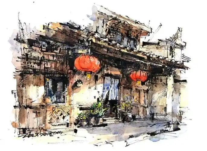 史志方钢笔淡彩作品欣赏徽州