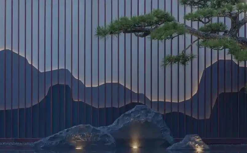 77个山水景墙su模型,探秘你心里的一轮明月两块山石