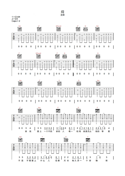 闷吉他谱-王菲《闷》c调高清原版弹唱谱