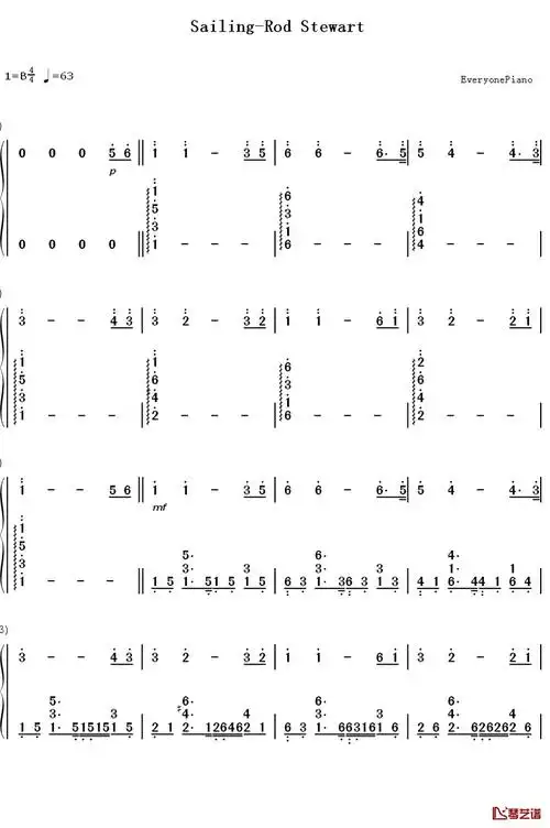 sailing钢琴简谱-数字双手-rod stewart
