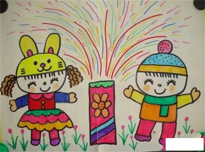 放鞭炮的儿童画儿童过年放烟花儿童画图片-儿童简笔画大全