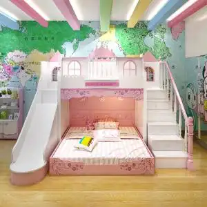 儿童上下床带滑梯公主床少女梦幻城堡田园式儿童床女孩床