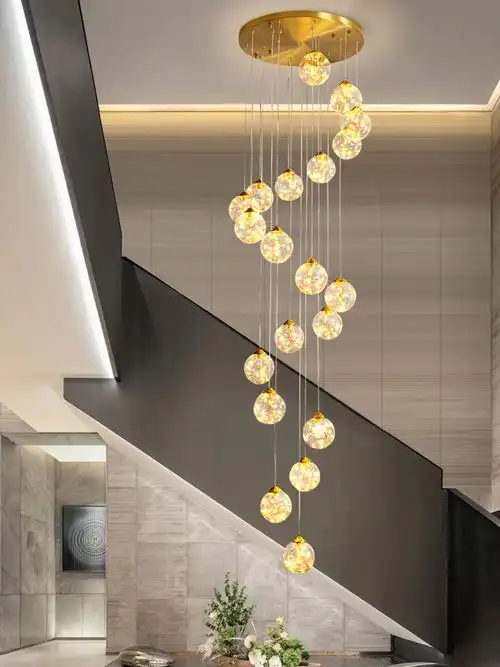 满天星楼梯灯全铜吊灯复式楼现代简约轻奢创意别墅loft公寓客厅灯