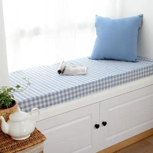 地中海 #素灰蓝小格 高密度海绵飘窗垫订制 方形l形飘窗台定做