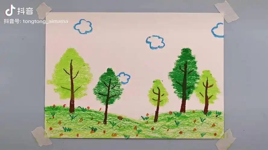 3-5岁油画棒春天主题儿童画:春天里的小树林