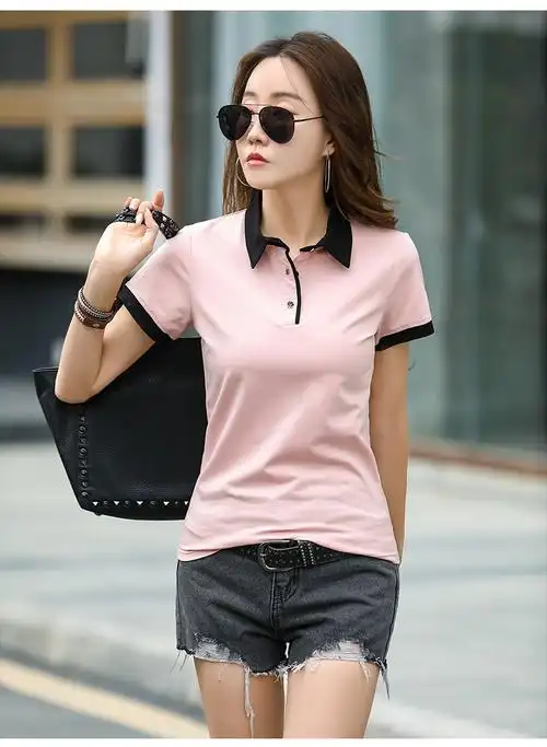 有领子的t恤翻领t恤女短袖ins潮2022女装有领polo衫上衣服天蓝色s