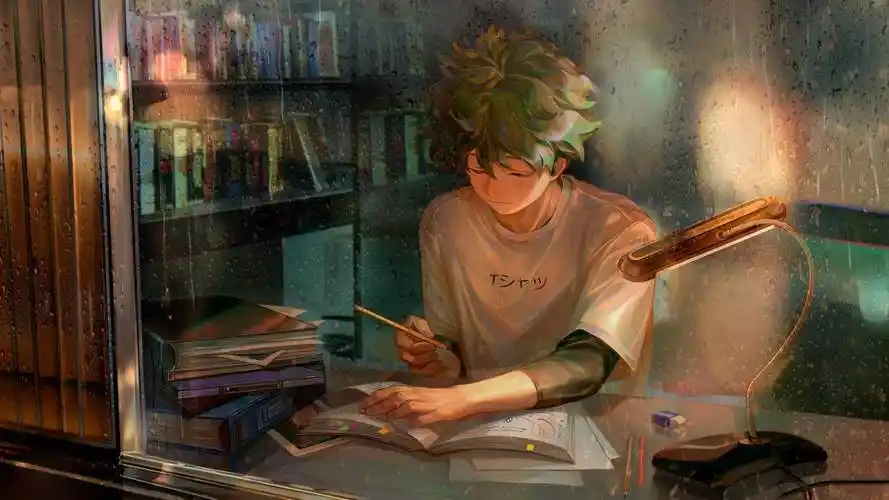 男孩 写作业 读书 灯光 玻璃 4k高清动漫壁纸