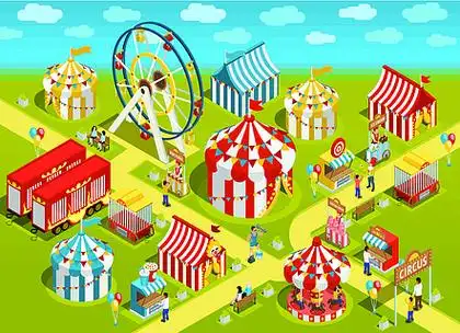 游乐园马戏团景点等距图游乐园旅行马戏团景点多彩等距海报与经典条纹