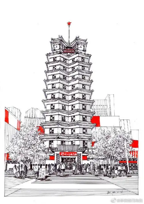 地标建筑依次为:二七塔,大玉米,中原福塔,郑州博物馆,绿地双子塔,河南
