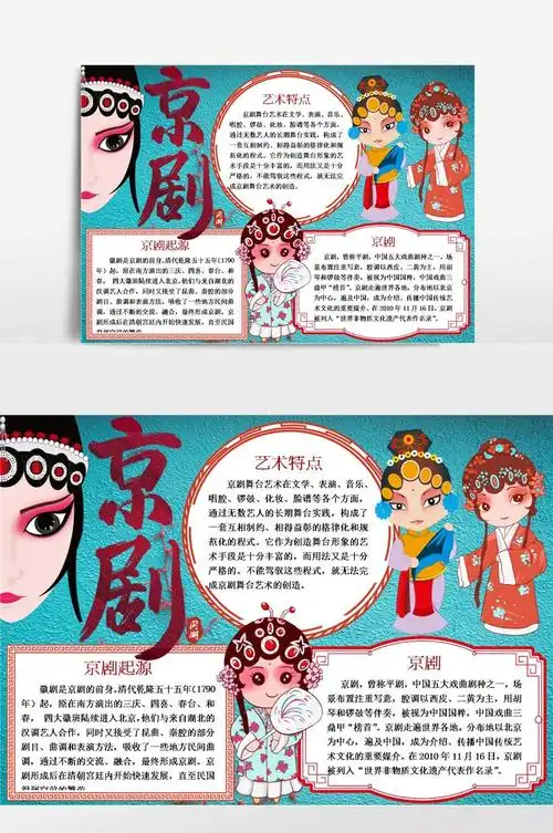 线描手绘卡通京剧国潮小报手抄报模板