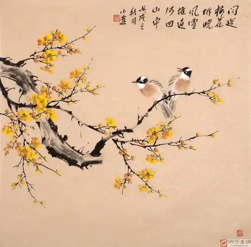 皇甫小喜 四尺斗方写意梅花国画《梅中双雀》 - 梅花图 - 99字画网