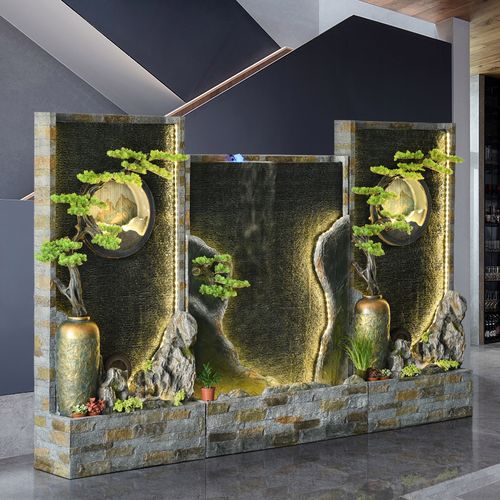 新中式水幕墙流水屏风隔断客厅大型落地造景装饰办公室内假山摆件