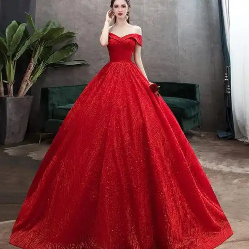 新娘女结婚新款2021春季红色主婚纱礼服显瘦星空一字肩长拖尾森系