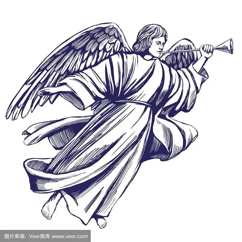 天使飞翔和吹小号,基督教的宗教象征手绘矢量插图素描