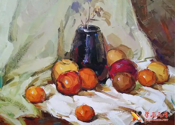 美考水粉静物优秀作品_(花瓶,水果,白衬布组合)超清临摹图片
