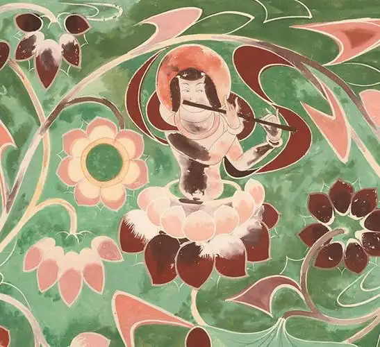 莲花伎乐边饰该窟团花藻井以色彩热烈,结构繁密著称.