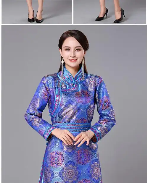 蒙古族服装女装春秋中长传统蒙古袍连衣裙日常生活装民族风舞蹈演出服