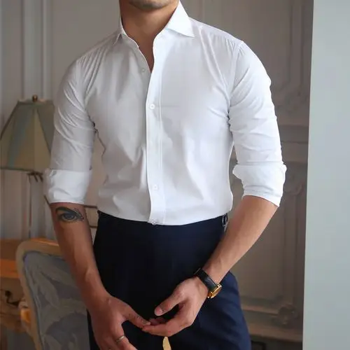 三先生自制修身长袖一字衬衫男韩版轻熟日常衬衣衬衫