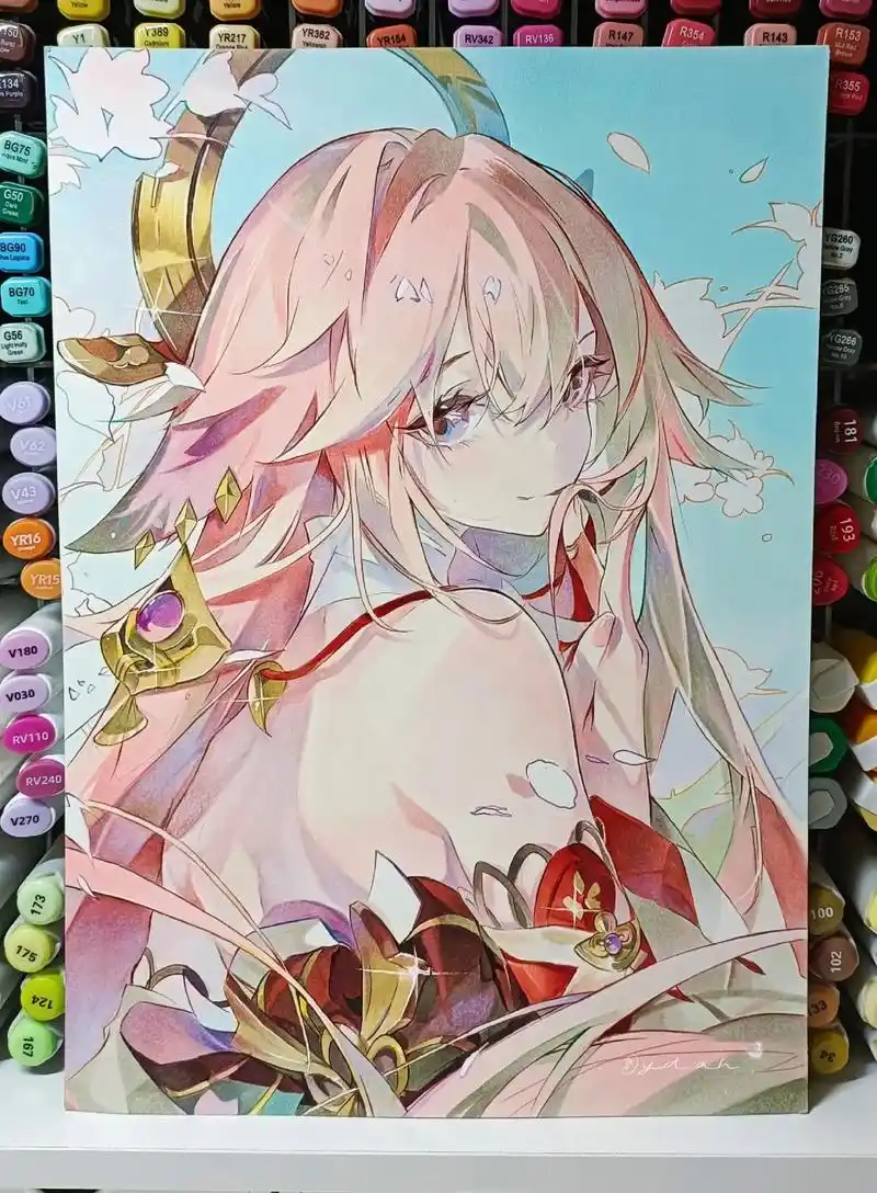 八重神子手绘过程图.#画画 #马克笔上色#绘画过程 #临摹  - 抖音