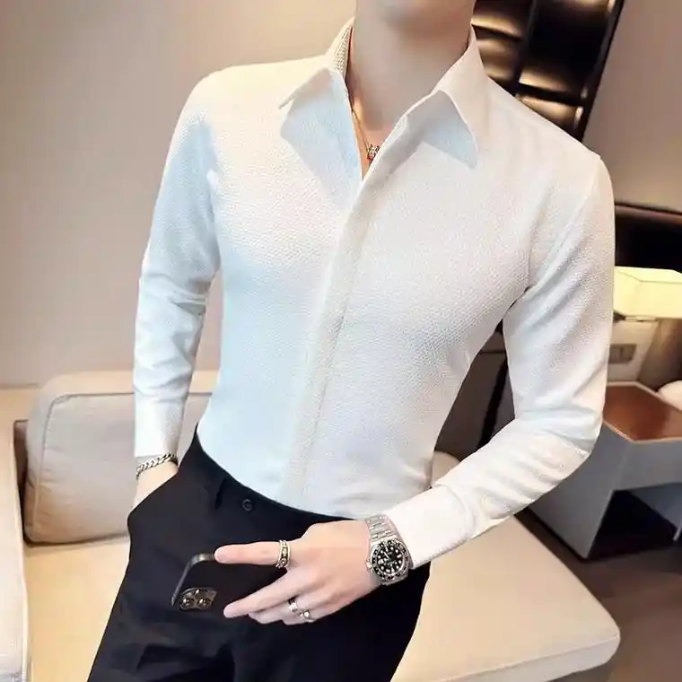 华夫格大领衬衫男士长袖春季潮流帅气修身衬 - 抖音