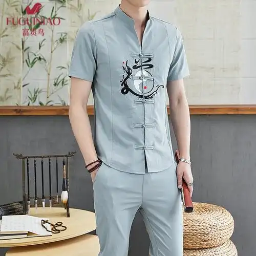 富贵鸟fuguiniao唐装男夏季棉麻套装男亚麻男士短袖t恤潮流休闲半袖