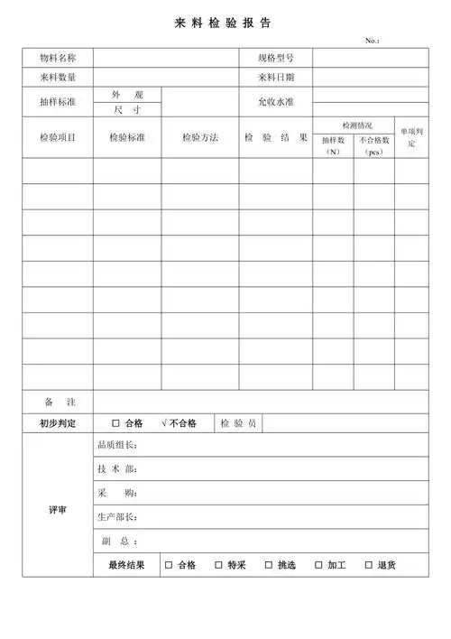 来料检验报告表格
