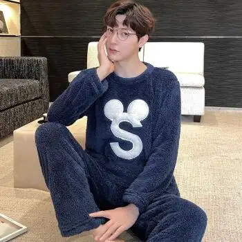 芬腾秋冬季法兰绒睡衣男士中年爸爸大码加厚加绒保暖珊瑚绒家居服套装