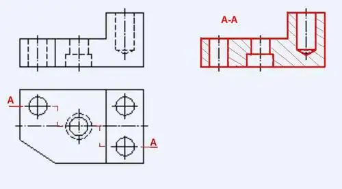 视图中去掉一条实线,虚线改为实线,再加上剖面符号和剖视图名称"a-a"