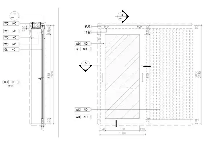 木框玻璃明或暗推拉门节点