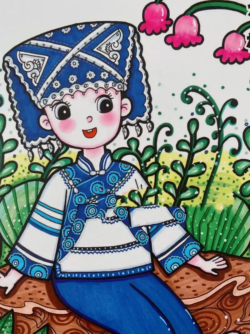 收录于婳小画56民族临摹卡 水族～ 白,蓝颜色～突出民族服饰特点