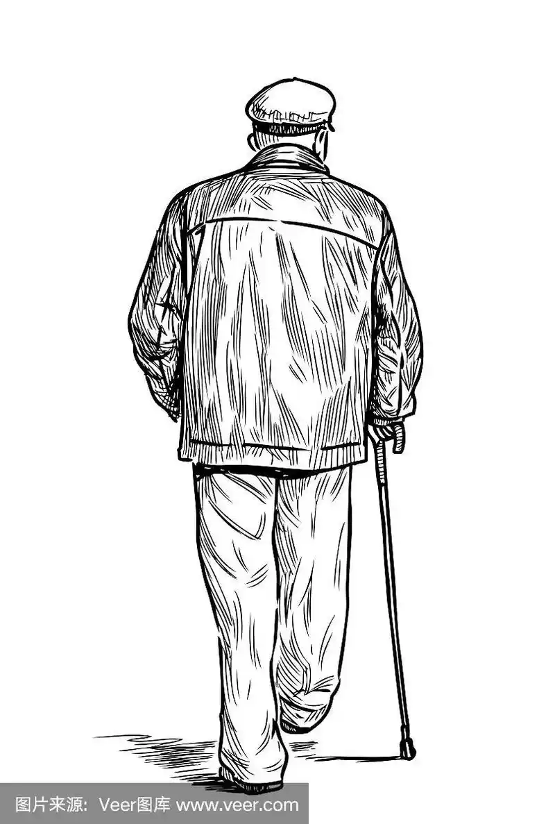 一个老人拄着拐杖走在街上