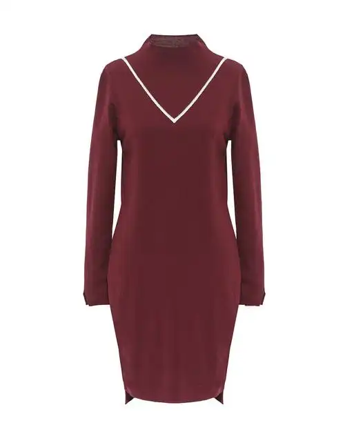 酒红色 撞色v领简洁修身长款毛衫连衣裙