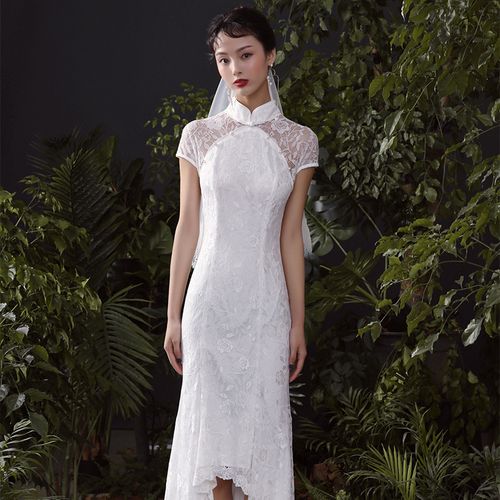 槿爷夏改良旗袍白色森系超仙梦幻鱼尾法式旅拍轻婚纱显瘦修身礼服