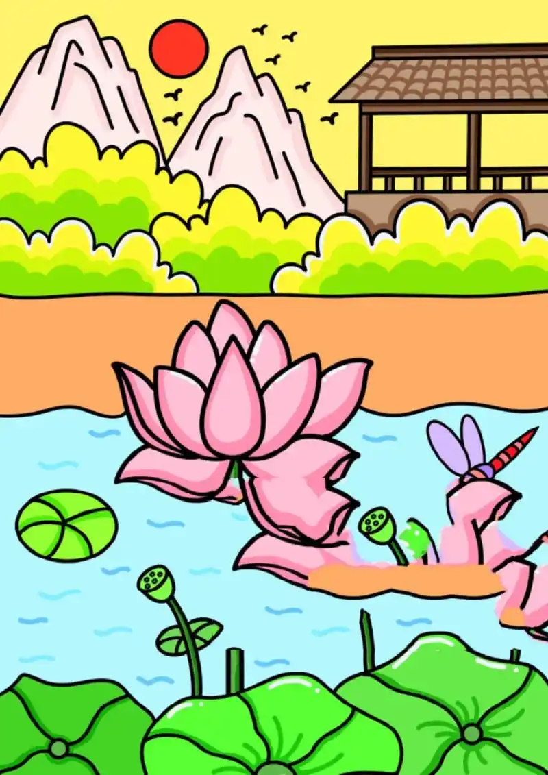 荷花风景画 创意画 儿童画简笔画简单好画