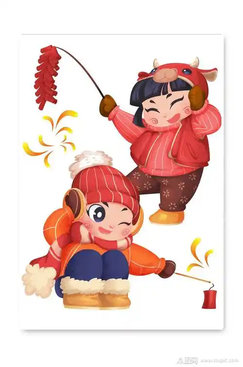 2021牛年点鞭炮新年插画设计