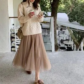 杏色松紧腰网纱裙半身裙冬天配毛衣女秋冬显瘦高腰百搭中长款裙子