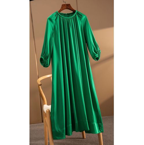 品牌折扣清仓女装丝滑缎光精致包领真丝宽松长款连衣裙桑蚕丝长裙