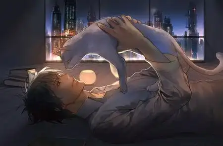 求一个动漫壁纸,一个男生躺在地下将一个白猫举到面前,不是夏目