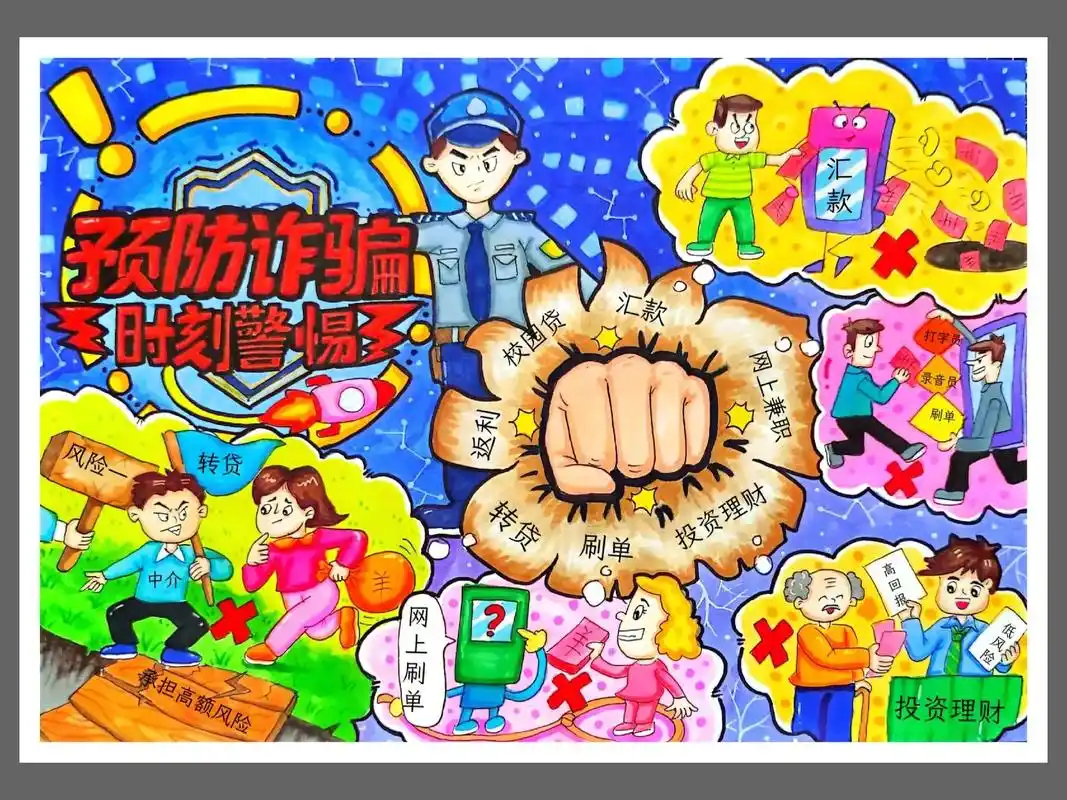 《预防电信诈骗》儿童主题画.#绘画过程分享 #儿童绘画作品  - 抖音