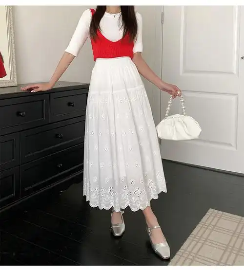 模特实拍韩系风甜美纯色蕾丝镂空半身裙a字裙仙女裙春夏裙子 - 17网