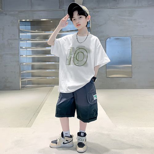 创京懿选男孩夏装套装男童夏装短袖套装白色儿童男孩12岁大童酷帅气