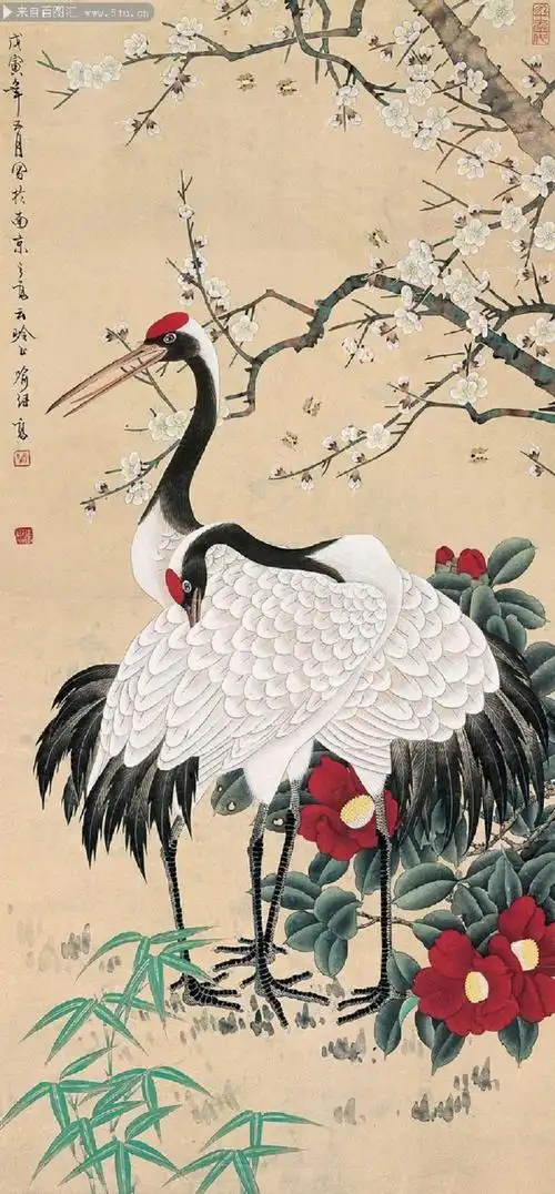 工笔白描仙鹤图