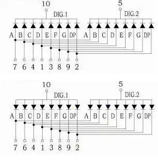 请问2位数码管的引脚是怎么样分布的,我有几块2位的数码管但是不知道