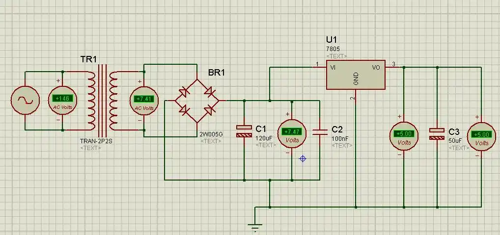 protues模拟220v转5v的直流稳压电路