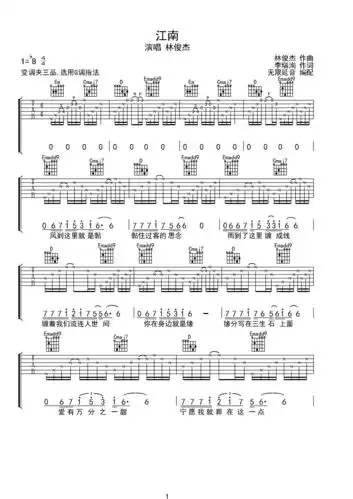 林俊杰 江南 吉他谱 g调指法bb调六线吉他谱-虫虫吉他谱免费下载