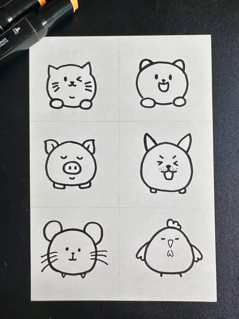 萌萌哒小动物头像简笔画～ 以圆形为基础,加上每个小动物的形象 - 抖