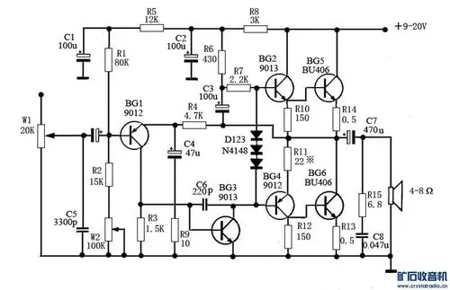 电视机中作为伴音功放,此电路稳定,电压适应性广,音质优美,输出功率大