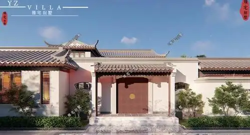 30x40米,农村两层中式合院别墅,两进院落,连廊水景,多庭院