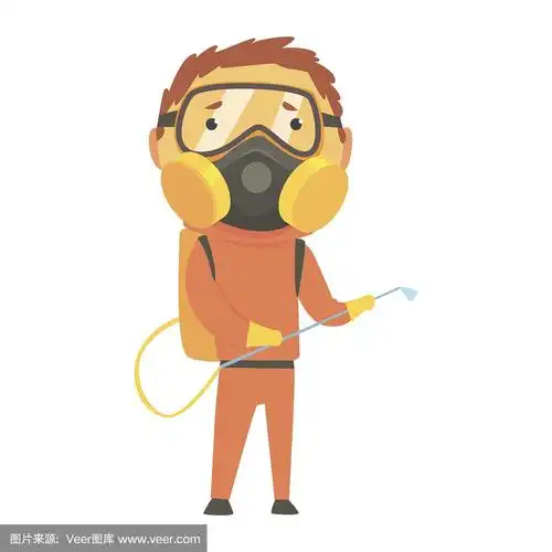 灭虫员穿着橙色防护服和口罩,害虫防治服务卡通矢量插图