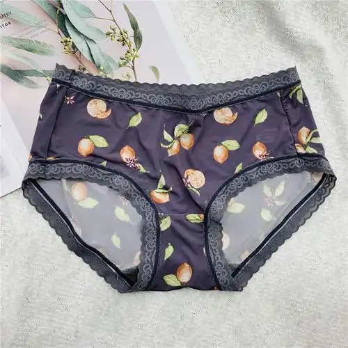 日系少女冰丝60d丝滑速干面膜裤石墨烯底裆少女印花花边低腰内裤